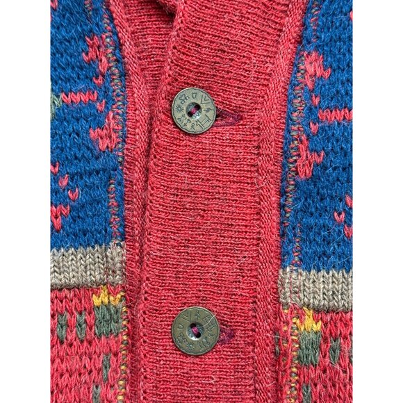 Skjaeveland Trend Cardigan Sweater Button Up Shawl-Collar Red Blue Aztec - Picture 3 of 7